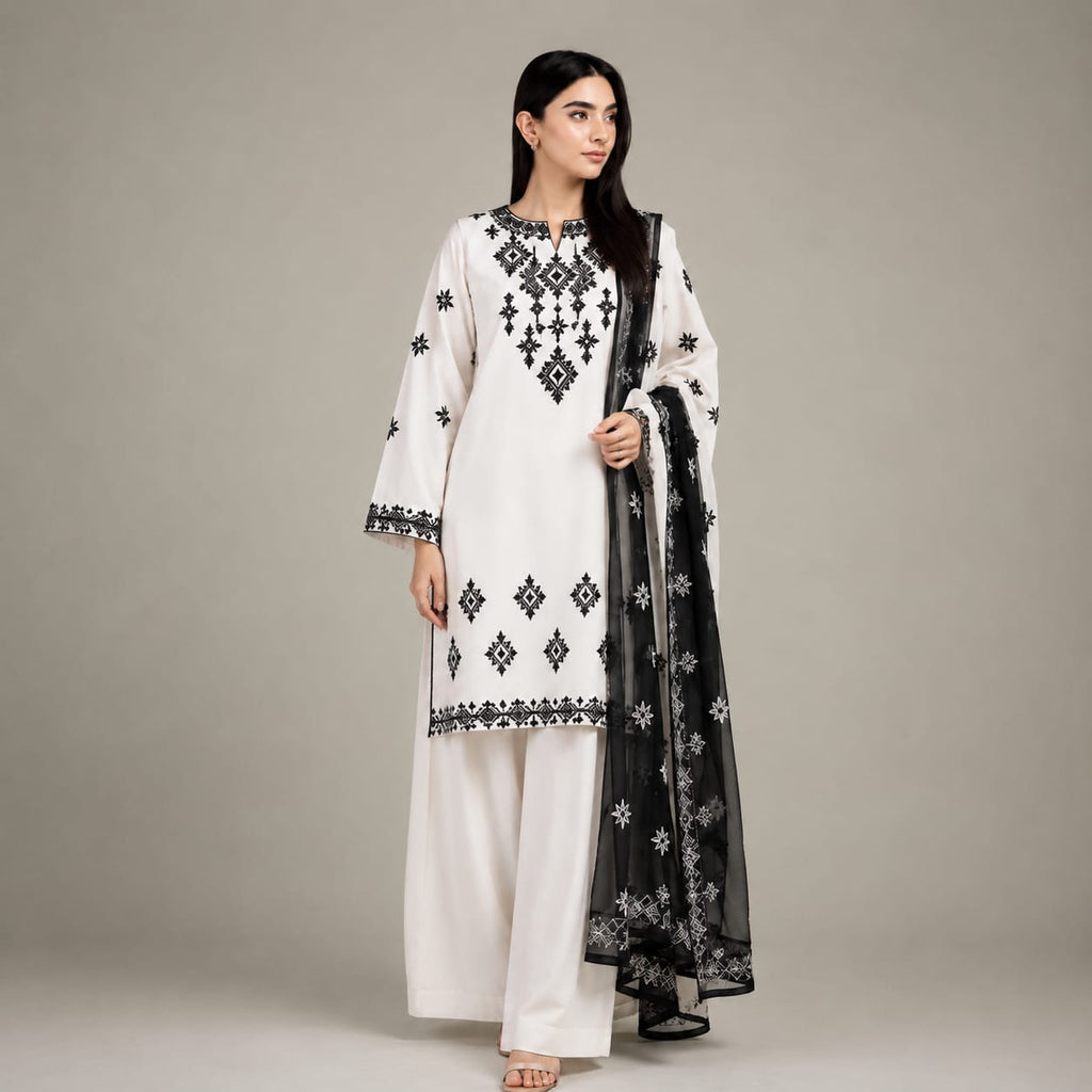 Black & White Signature Embroidered 3-Piece