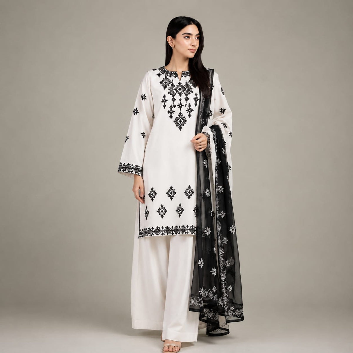 Black & White Signature Embroidered 3-Piece