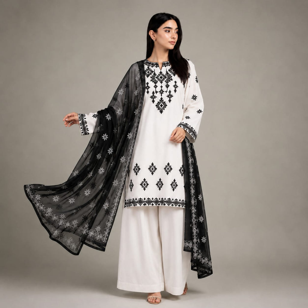 Black & White Signature Embroidered 3-Piece